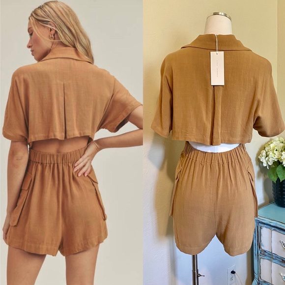 NWT Lush Cotton Linen High Waisted Belted Safari Romper Cut Out Back, Tan - Picture 4 of 5